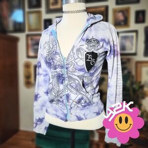 BG Hoodie Vintage 2000s Zip Up Tie Dye Purple Graphic Y2K Grunge Fairy McBling L